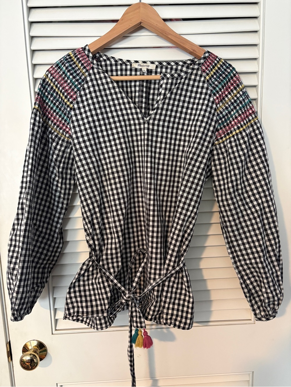 Madewell Black & White Gingham Tie-Waist Top with Multicolor Shoulder Embroidery